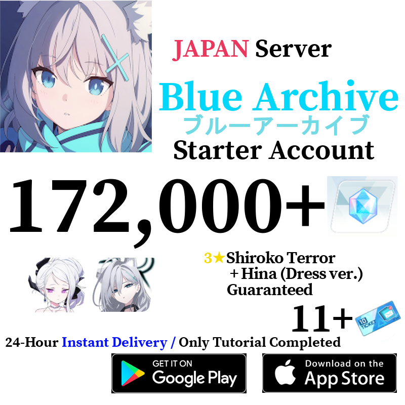 [JP] [INSTANT] 172000+ Gems + 3⭐Hina Dress 3⭐Shiroko Terror | Blue Archive Starter Reroll Account