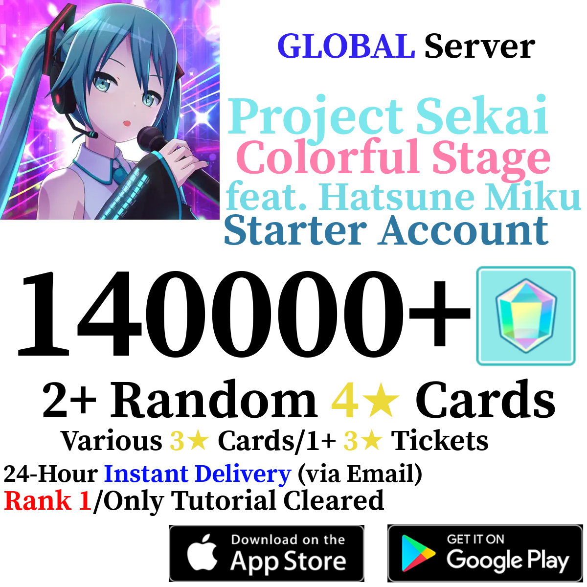 [GLOBAL] [INSTANT] 70,000-145,000+ Gems 2+ 4* Project Sekai Colorful Stage ft. Hatsune Miku PJSekai Reroll Account