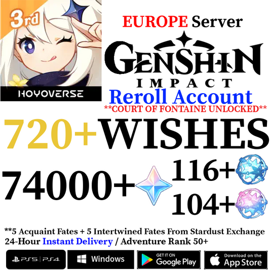 [EUROPE] [INSTANT] 74000+ Primogems Fates Genshin Impact Reroll Account