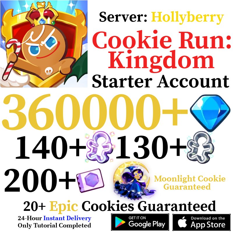 [GLOBAL/Hollyberry][INSTANT] 360,000+ Gems + Moonlight Cookie + Random Legendary/Ancient/Super Epic/Dragon Cookie | Cookie Run: Kingdom Starter Reroll Account