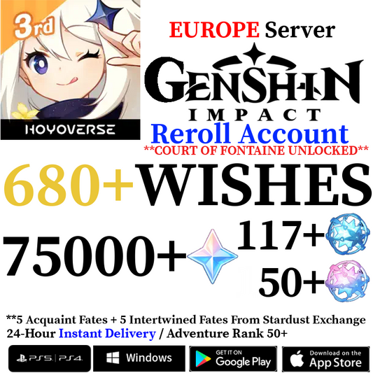 [EUROPE] [INSTANT] 75000+ Primogems Fates Genshin Impact Reroll Account