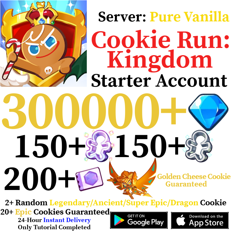 [GLOBAL/Pure Vanilla][INSTANT] 300,000+ Gems + Golden Cheese Cookie + Random Legendary/Ancient/Super Epic/Dragon Cookie | Cookie Run: Kingdom Starter Reroll Account