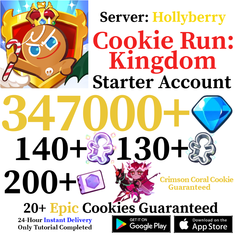 [GLOBAL/Hollyberry][INSTANT] 347,000+ Gems + Crimson Coral Cookie + Random Legendary/Ancient/Super Epic/Dragon Cookie | Cookie Run: Kingdom Starter Reroll Account