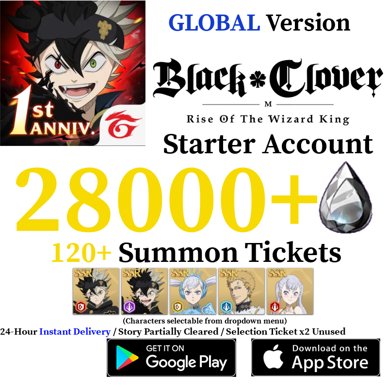 [GLOBAL] [INSTANT] 13000-28000+ Crystals + 120+ Summon Tickets / Asta Mimosa Julius Noelle | Black Clover M Rise of the Wizard King Reroll Account