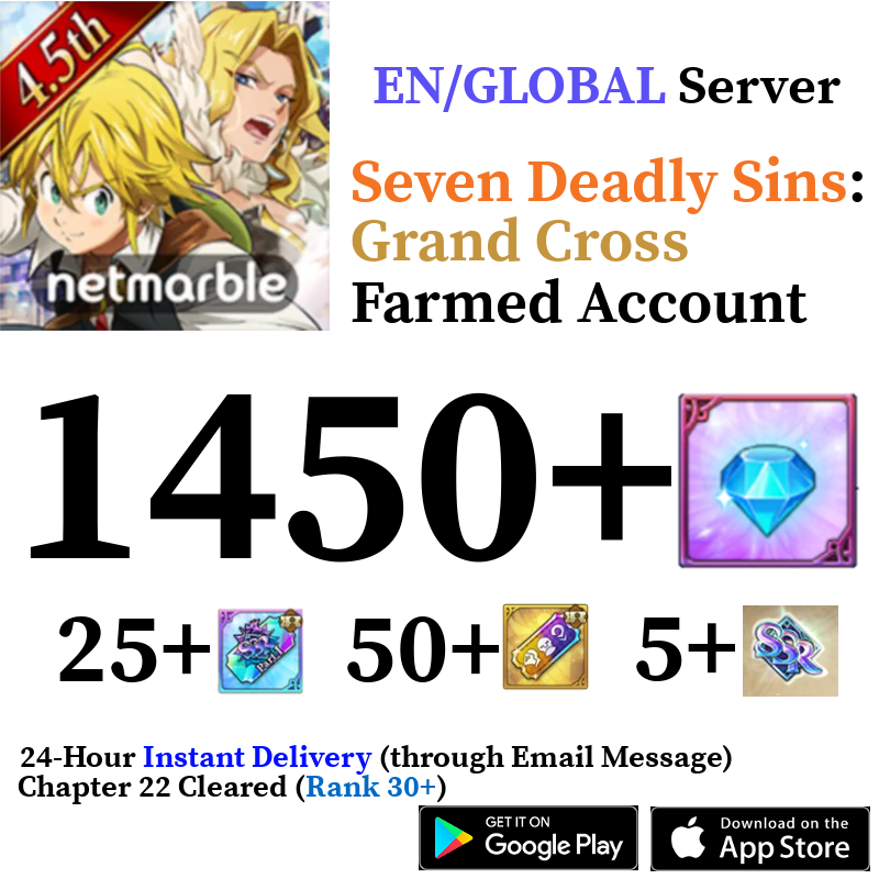 [GLOBAL] [INSTANT] 1450+ Diamonds Seven Deadly Sins 7DS Grand Cross Farmed Reroll Account