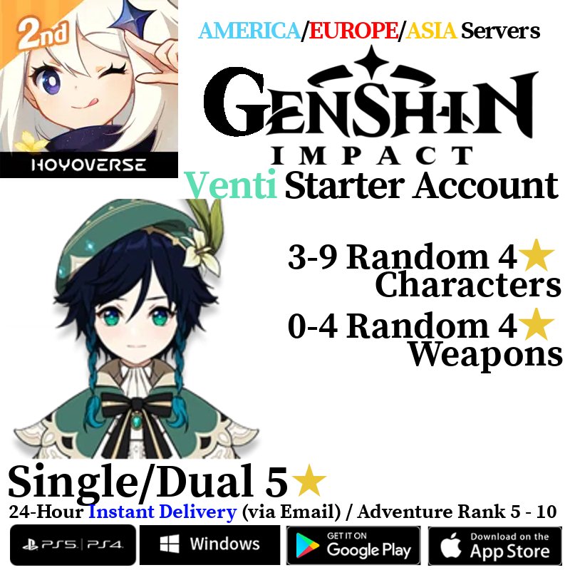 [AMERICA/EUROPE/ASIA] [INSTANT] Venti Genshin Impact Fresh Starter Account AR10 - Skye1204 Gaming Shop