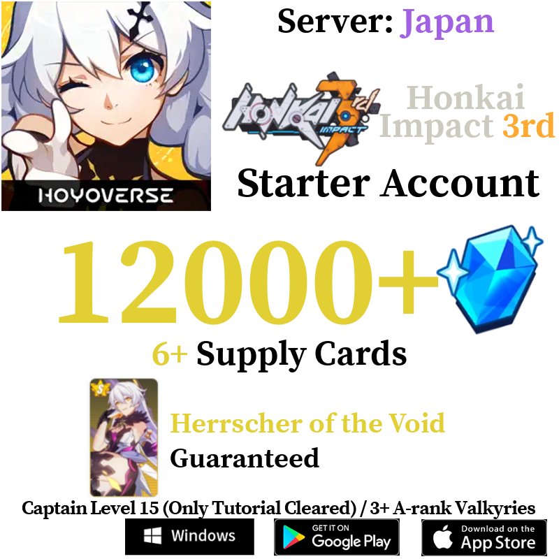 [JP][INSTANT] 12000+ Crystals Honkai Impact 3 Houkai Reroll Starter Account - Skye1204 Gaming Shop